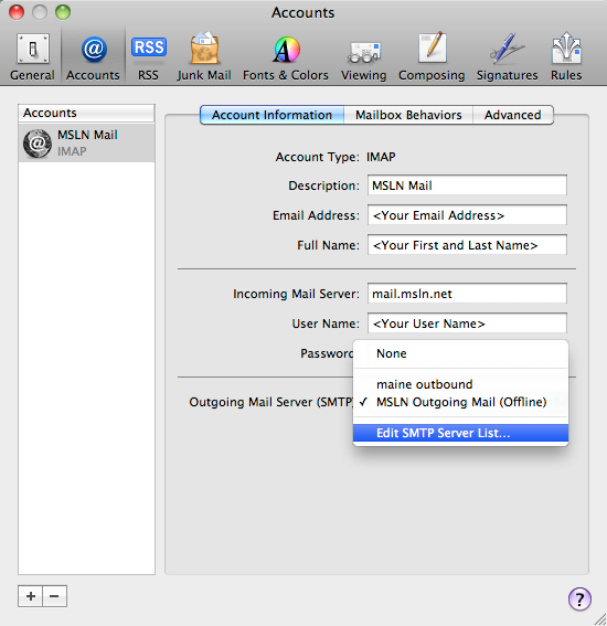 smtp server options panel